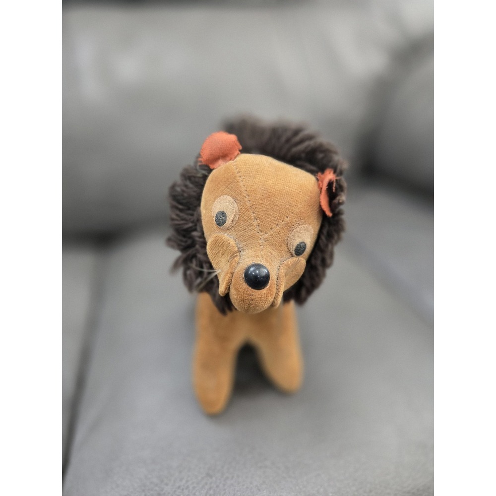 Vintage Japan Velvet Lion Plush Stuffed Animal Yarn Mane Brown Tan Mid Century‎